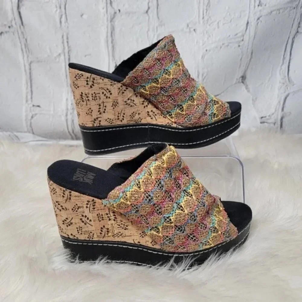 Muk Luks Womens Payton Platform Wedge Sandal Boho‎ Slip On Woven Peep Toe Sz 10